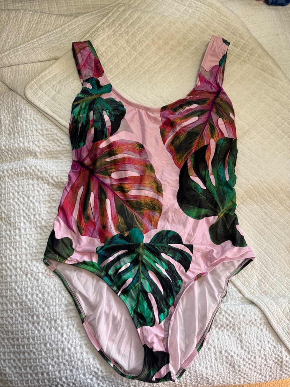 Decree Pink One-Piece Swimsuit with Green Tropical Leaf Print